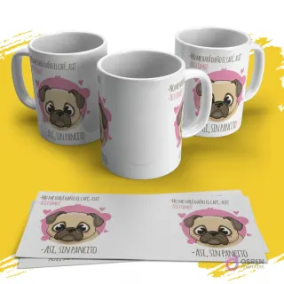 Conjunto de tazas con pug animado, fondo de corazones rosas y frase de dieta 'Así, Sin Pancito'