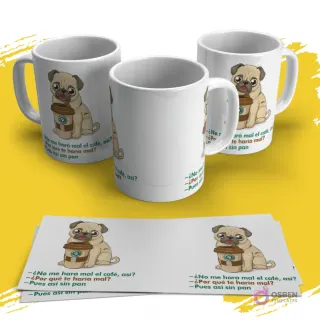 Plantillas de tazas con pug animado sosteniendo un café y diálogo humorístico sobre el pan