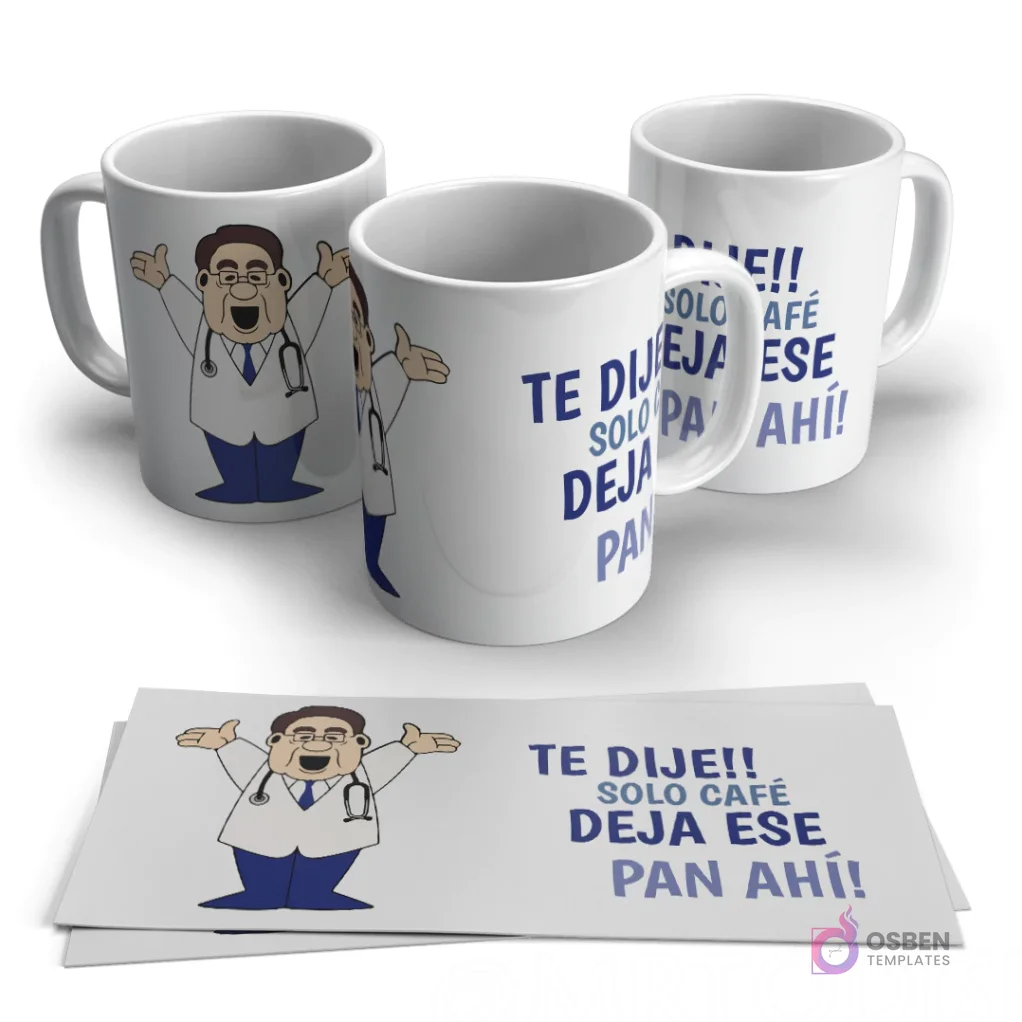 Set de tazas con Dr. Nowzaradan animado y frase enfática 'Solo Café, Deja Ese Pan Ahí!'