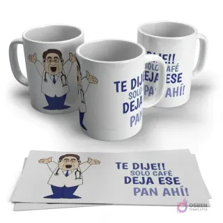 Set de tazas con Dr. Nowzaradan animado y frase enfática 'Solo Café, Deja Ese Pan Ahí!'