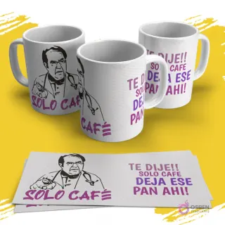 Tazas con diseño lineal del Dr. Nowzaradan y la frase 'Solo Café, Deja Ese Pan Ahí!'