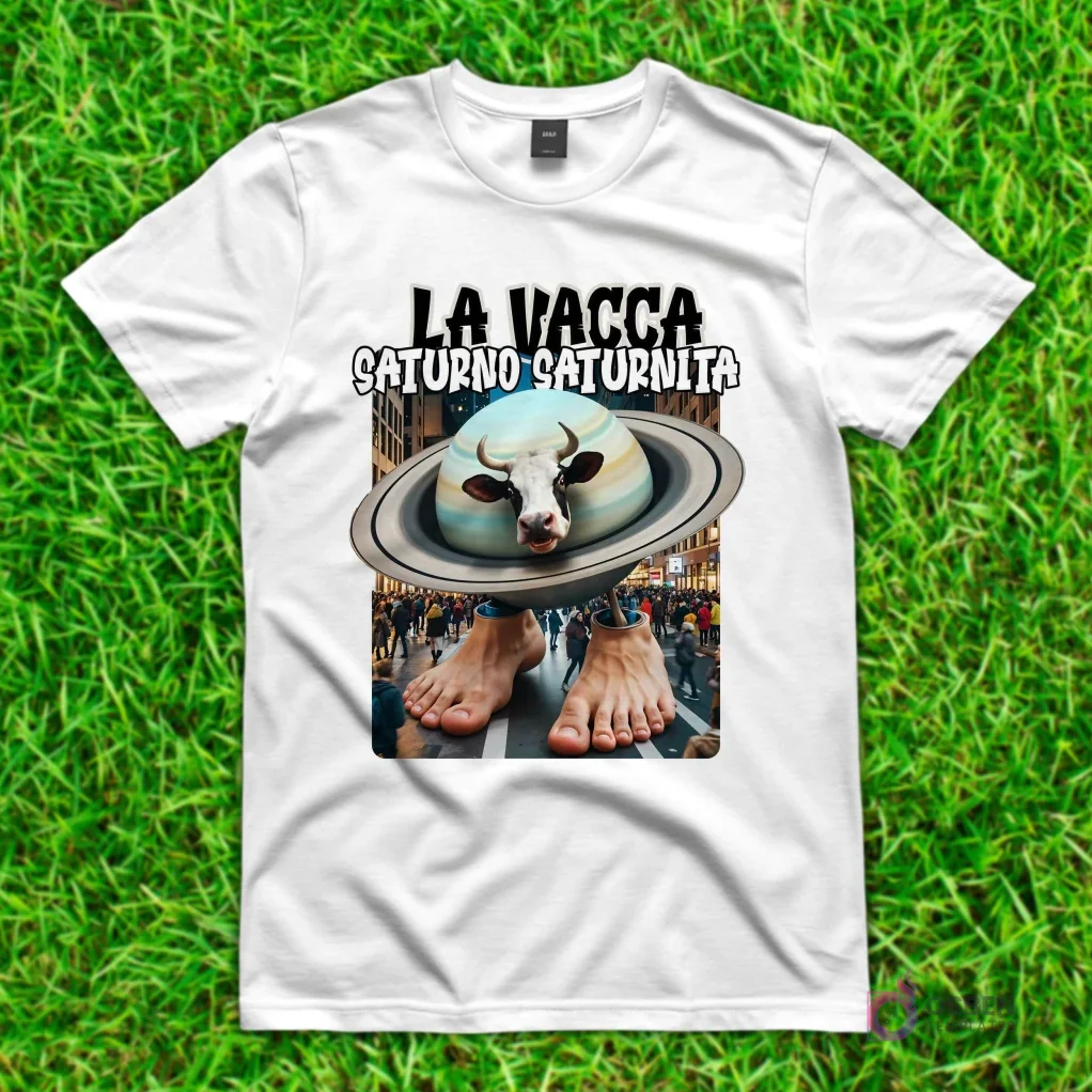 Camiseta blanca con diseño de 'La Vacca Saturno Saturnita', una vaca con la cabeza dentro de un planeta Saturno y pies humanos, caminando en una calle de ciudad.