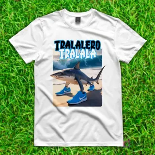 Camiseta blanca con diseño de 'Tralalero Tralala', un tiburón con piernas humanas y zapatillas deportivas azules, caminando en una playa con olas.