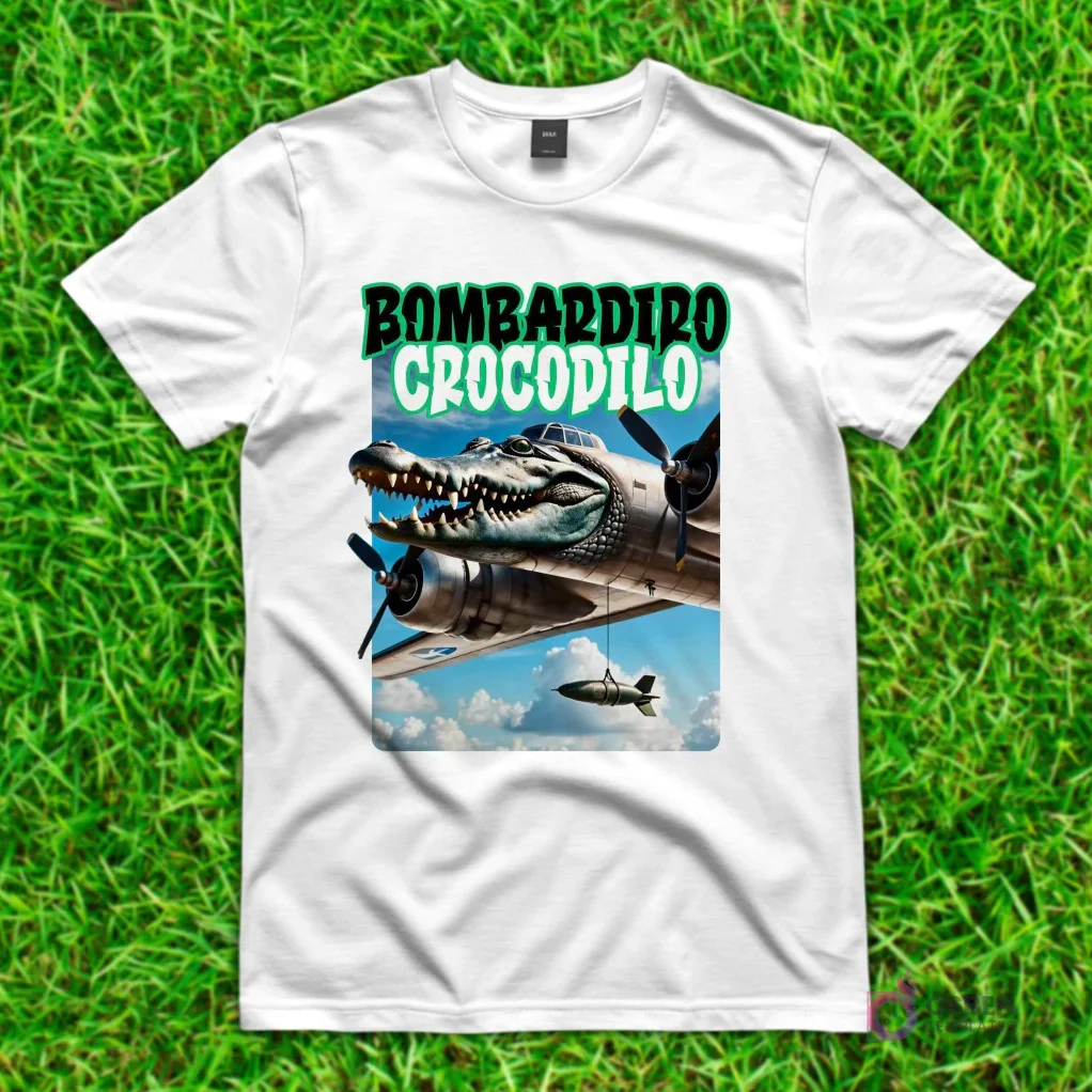 Camiseta blanca con diseño de 'Bombardiro Crocodilo', un cocodrilo con cuerpo de avión bombardero lanzando una bomba, volando en un cielo nublado.
