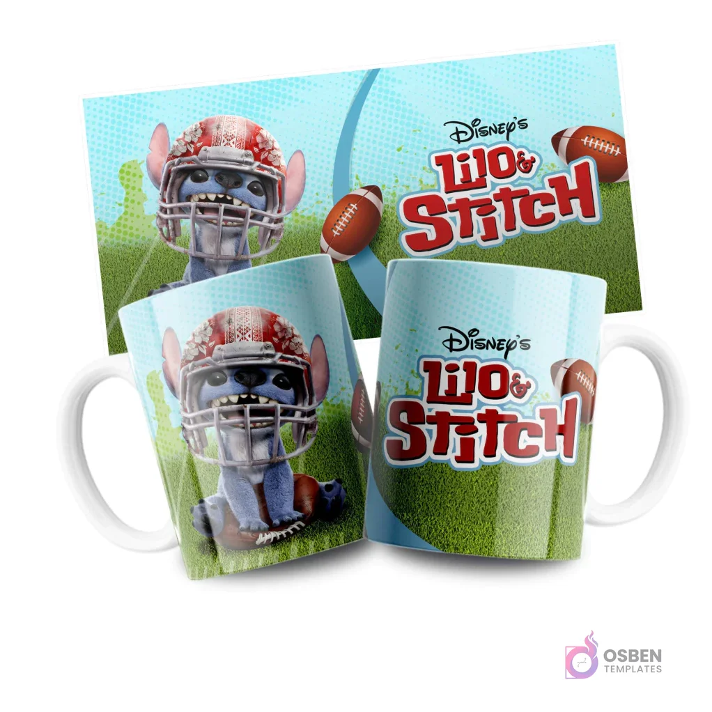 Plantilla para taza de Stitch con casco de fútbol americano en campo verde, diseño deportivo Disney