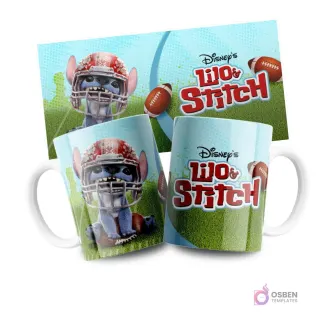 Plantilla para taza de Stitch con casco de fútbol americano en campo verde, diseño deportivo Disney