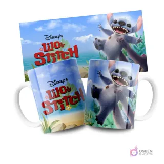 Diseño de sublimación para taza con Stitch saltando alegremente en el agua del mar tropical, playa Disney