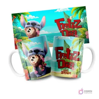 Plantilla de taza con Stitch mordiendo un coco y mensaje 'Feliz Día' en fondo tropical, diseño Disney