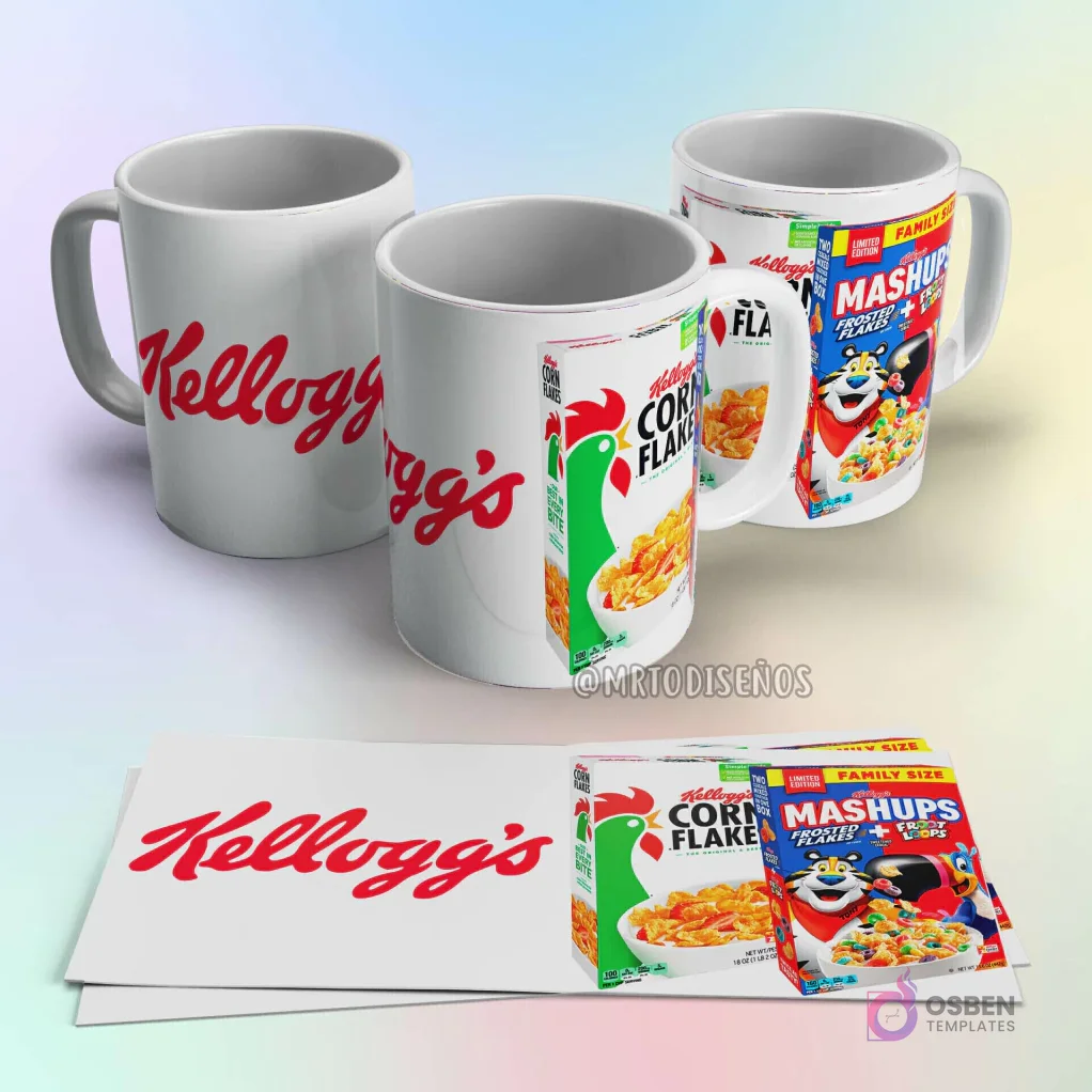 Taza de sublimación Kellogg's Corn Flakes con logo vintage en rojo y diseño de caja de cereales clásica