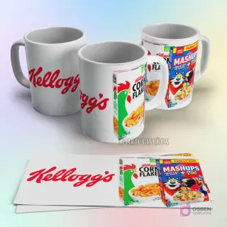 Taza de sublimación Kellogg's Corn Flakes con logo vintage en rojo y diseño de caja de cereales clásica