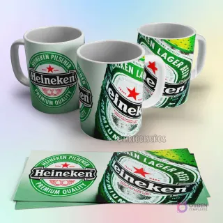 Taza de sublimación Heineken Pilsener con logo verde, estrella roja y diseño de botella de cerveza helada