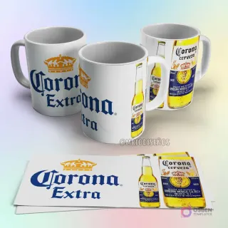 Taza de sublimación Corona Extra con logo azul, corona dorada y diseño de botella de cerveza con etiqueta clásica
