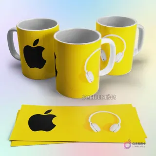 Taza de sublimación Apple amarilla con logo de manzana mordida en negro y silueta de auriculares blancos