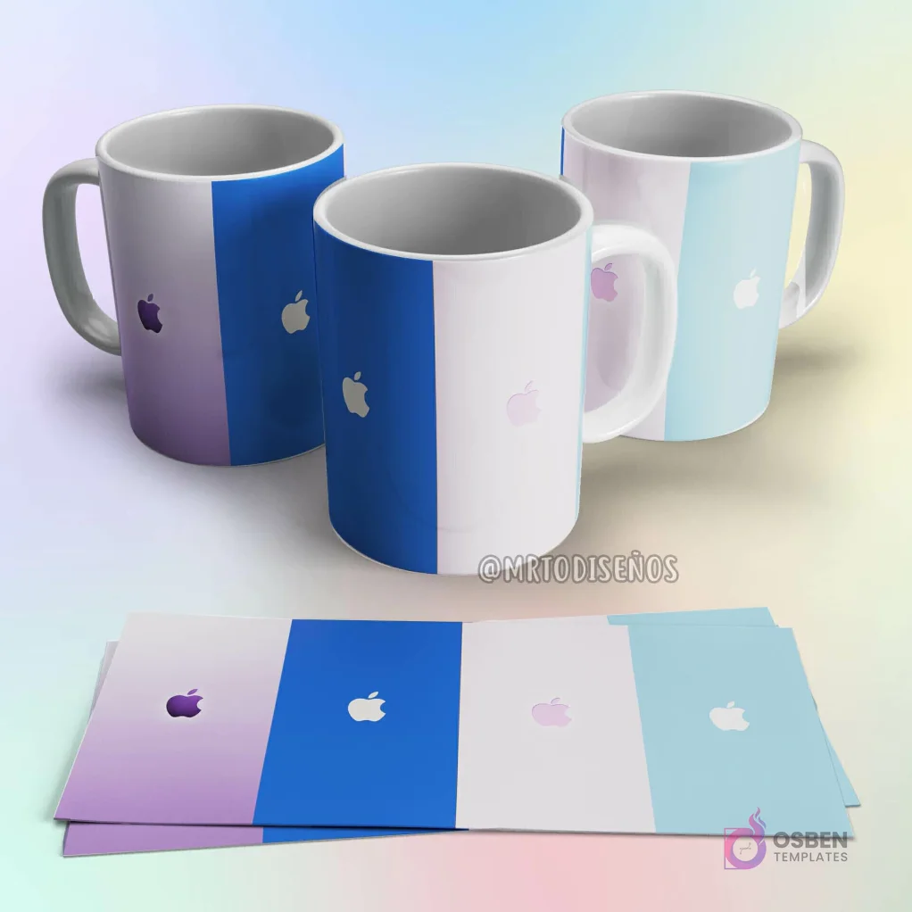 Taza de sublimación Apple con logo de manzana mordida sobre fondos degradados en tonos lila, azul y celeste