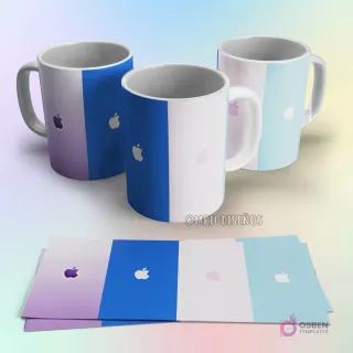 Taza de sublimación Apple con logo de manzana mordida sobre fondos degradados en tonos lila, azul y celeste