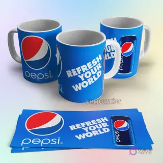 Taza de sublimación Pepsi azul con logo circular rojo y blanco, y diseño de lata de refresco con frase 'Refresh Your World'
