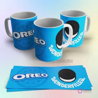 Taza de sublimación Oreo azul con logo blanco y galleta de chocolate con crema, acompañada del texto 'Wonderfilled'