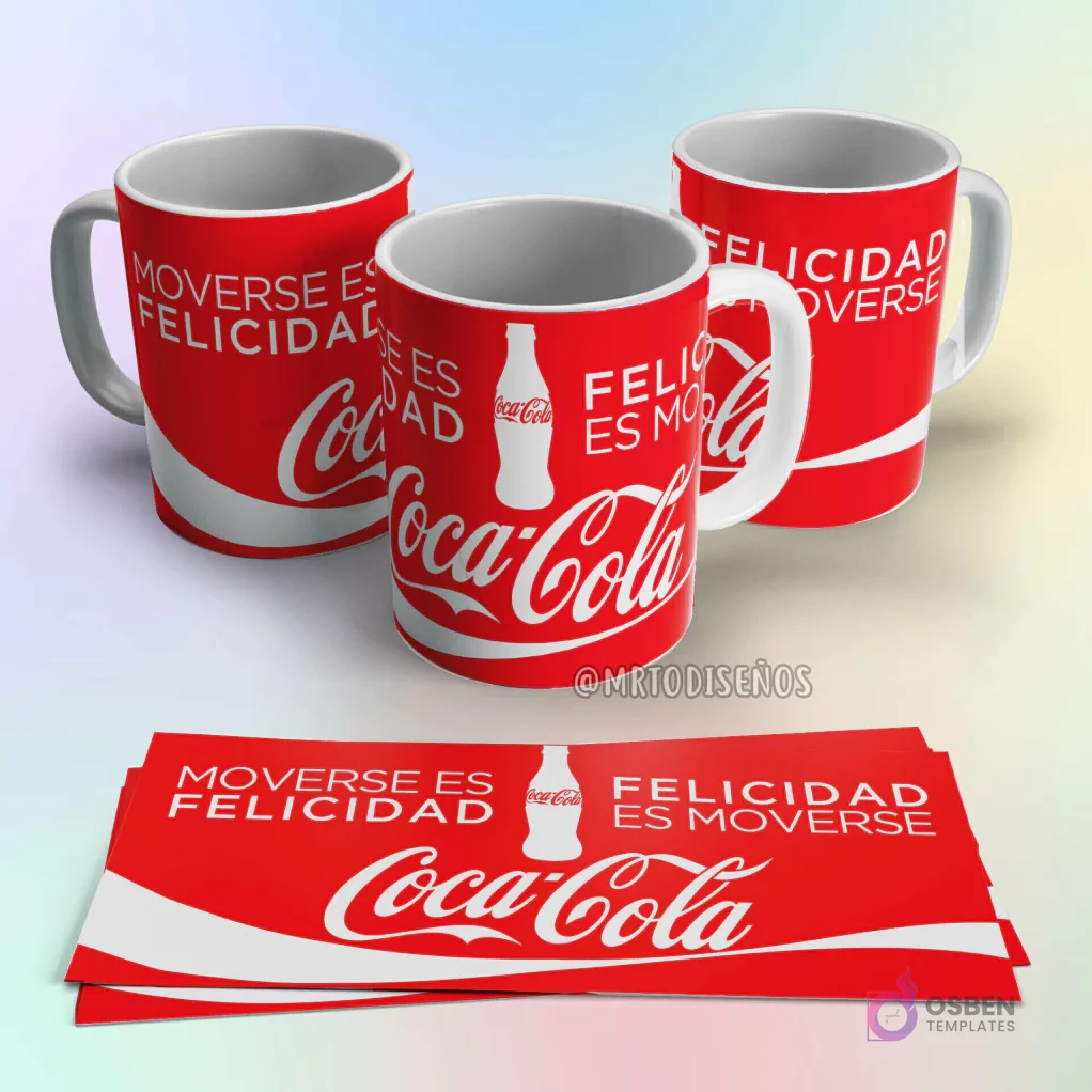 Taza de sublimación Coca-Cola roja con logo blanco y frase 'Moverse es Felicidad', con diseño de botella clásica