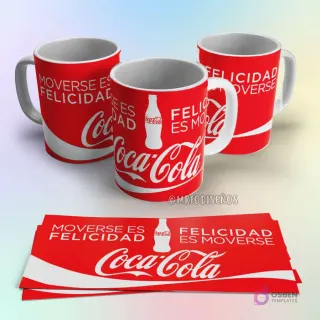 Taza de sublimación Coca-Cola roja con logo blanco y frase 'Moverse es Felicidad', con diseño de botella clásica