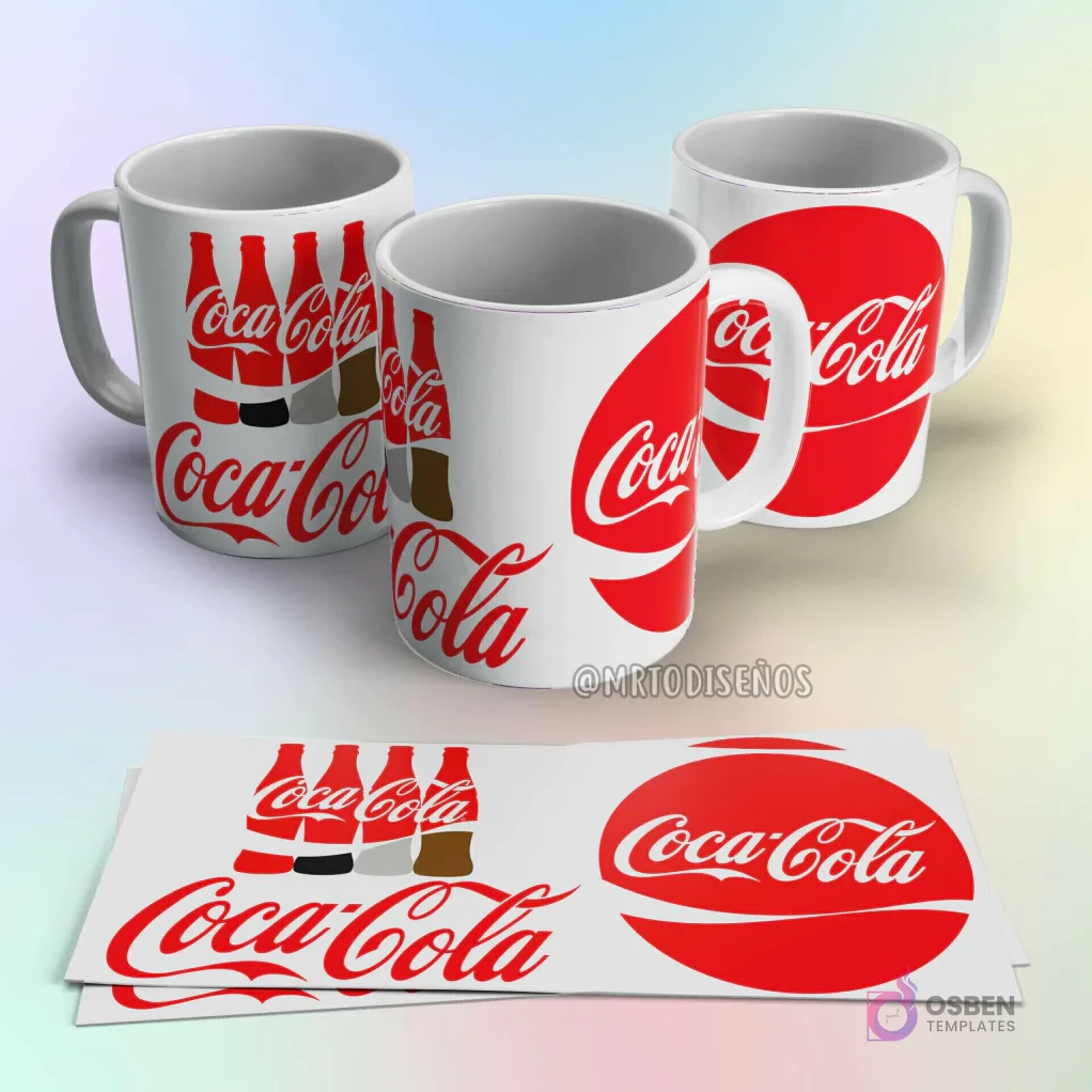 Taza de sublimación Coca-Cola con diseño de múltiples botellas clásicas de refresco y logo en rojo sobre fondo blanco