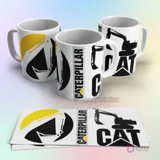 Taza de sublimación Caterpillar con logo CAT amarillo y negro, y silueta de excavadora de construcción