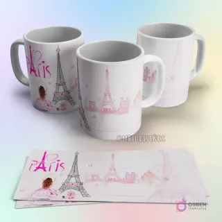 Taza de sublimación con diseño romántico de París, mostrando la Torre Eiffel y una chica sentada en tonos pastel rosados