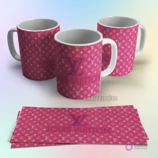 Taza de sublimación Louis Vuitton rosa con patrón de monograma clásico y logo LV en morado