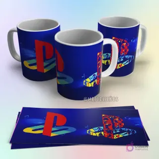 Taza de sublimación PlayStation azul con logo P rojo y formas icónicas del control de la consola