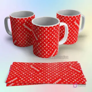 Taza de sublimación Supreme y Louis Vuitton roja con patrón de monograma LV y logo Supreme en blanco