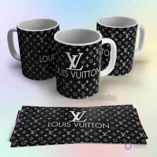 Taza de sublimación Louis Vuitton negra con patrón de monograma clásico y logo LV en blanco