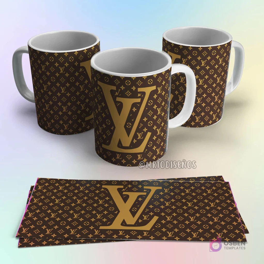 Taza de sublimación Louis Vuitton marrón con patrón de monograma clásico y logo LV en dorado