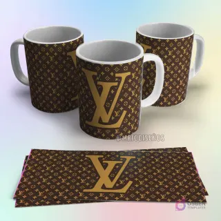 Taza de sublimación Louis Vuitton marrón con patrón de monograma clásico y logo LV en dorado