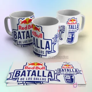 Taza de sublimación Red Bull Batalla de los Gallos con logo en azul, rojo y blanco, y diseño de micrófono