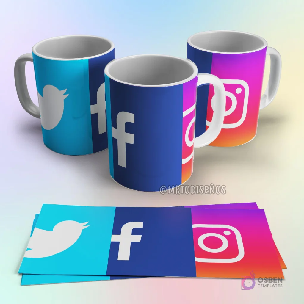 Taza de sublimación con logos de redes sociales Twitter, Facebook e Instagram en fondos azul claro, azul oscuro y degradado rosa-naranja