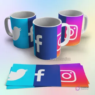 Taza de sublimación con logos de redes sociales Twitter, Facebook e Instagram en fondos azul claro, azul oscuro y degradado rosa-naranja