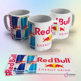 Taza de sublimación Red Bull Energy Drink con latas de bebida azul y plata, y el logo de los toros rojos sobre fondo blanco