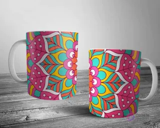Dos tazas blancas con un diseño de mandala brillante y dinámico en rosa, teal, naranja y amarillo, creando un patrón simétrico y energético.
