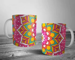Dos tazas blancas con un diseño de mandala vibrante y animado, con patrones fluidos en rosa brillante, amarillo, naranja y teal.