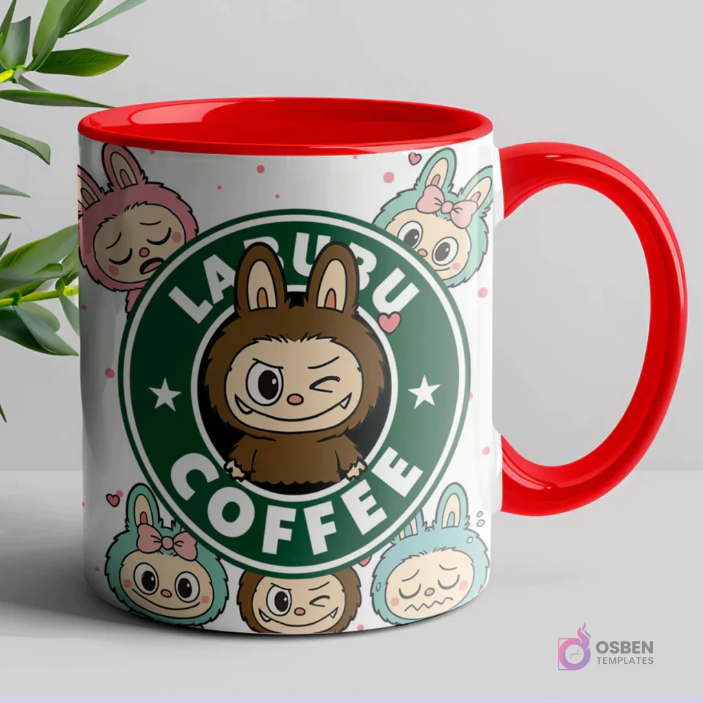 Taza blanca con interior y asa rojos, mostrando el logo 'LABUBU COFFEE' y un Labubu café guiñando el ojo, rodeado de pequeños Labubu de colores pastel.
