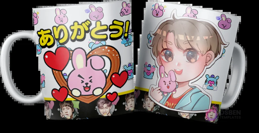 Par de tazas blancas sublimadas con diseño de Cooky (BTS) y Jungkook chibi, mostrando el diseño frontal y trasero, con un fondo blanco liso para destacar los detalles.