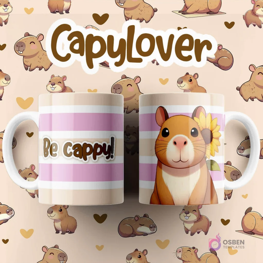 Par de tazas blancas sublimadas con diseño de capibara sonriente con una flor amarilla en la oreja y rayas rosas, texto 'Be cappy!' y 'CapyLover'