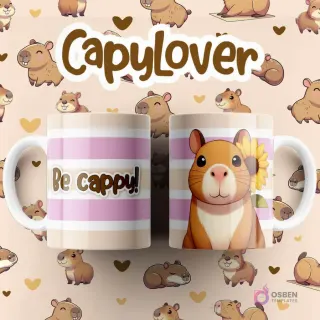 Par de tazas blancas sublimadas con diseño de capibara sonriente con una flor amarilla en la oreja y rayas rosas, texto 'Be cappy!' y 'CapyLover'