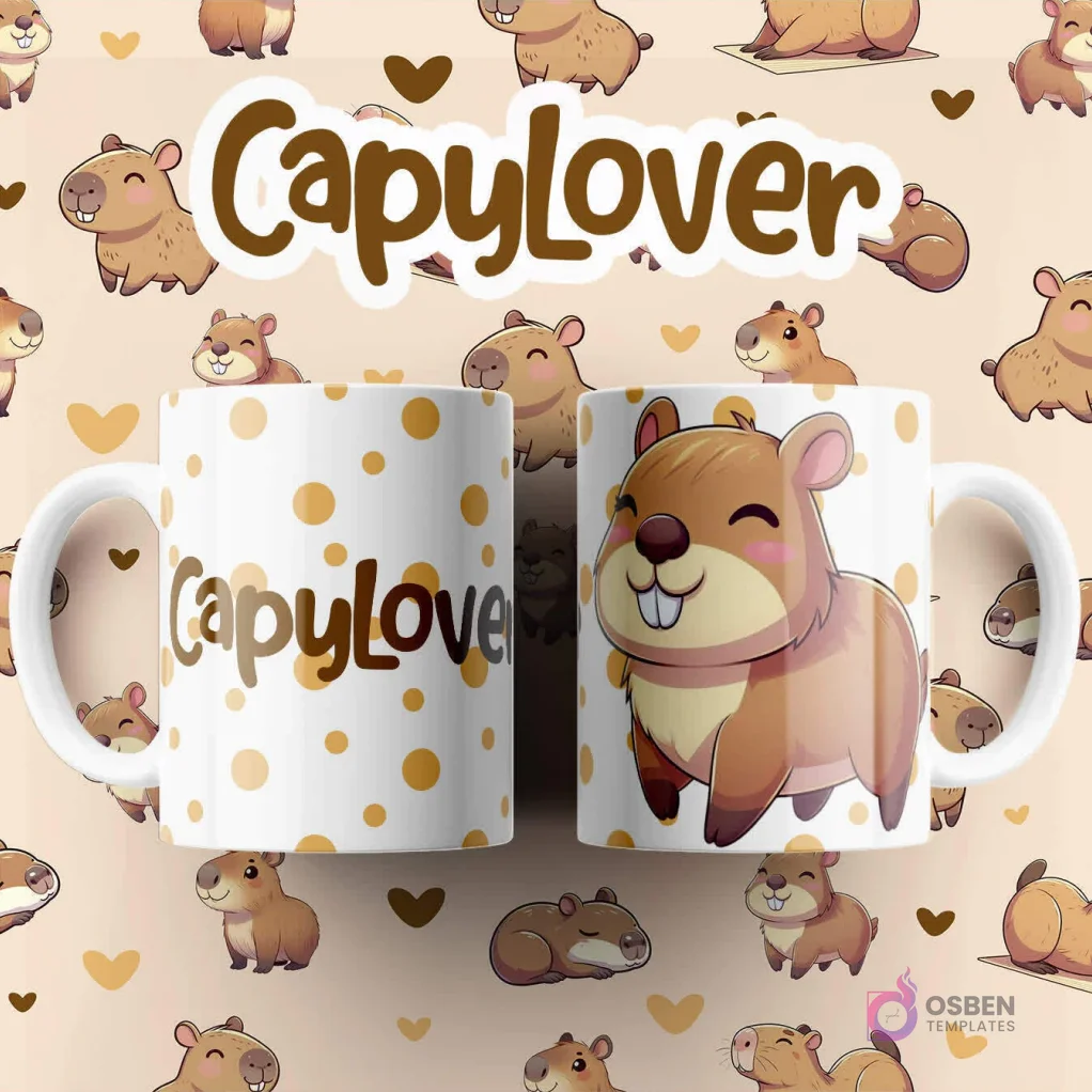 Par de tazas blancas sublimadas con diseño de capibara alegre sobre fondo de puntos amarillos y texto 'CapyLover'