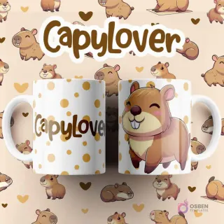 Par de tazas blancas sublimadas con diseño de capibara alegre sobre fondo de puntos amarillos y texto 'CapyLover'