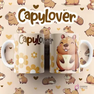 Par de tazas blancas sublimadas con diseño de capibara sonriente y patrón floral amarillo, texto 'CapyLover'