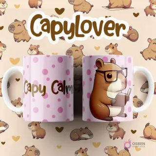 Par de tazas blancas sublimadas con diseño de capibara intelectual con gafas leyendo un libro sobre fondo de puntos rosas, texto 'Capy Calm'