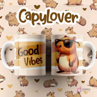 Par de tazas blancas sublimadas con diseño de capibara con gafas de sol y actitud cool, texto 'Good Vibes'