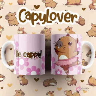 Par de tazas blancas sublimadas con diseño de capibara bailarina con tutú rosa, texto 'Be cappy!' y flores fucsia