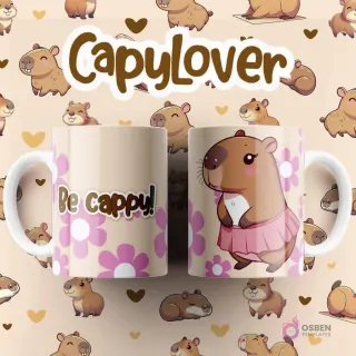 Par de tazas blancas sublimadas con diseño de capibara con una falda rosa, texto 'Be cappy!' y flores fucsia