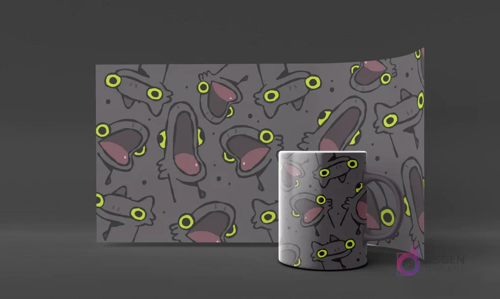 Patrón repetitivo del dragón Terrible Terror con boca abierta y ojos amarillos sobre un fondo gris, en un mockup de taza con el mismo patrón.